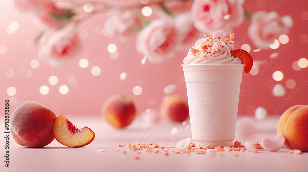 Close-up of coffee with whipped cream and peaches on a table with pink flowers in the background Close-up of coffee with whipped cream and peaches on a table with pink flowers in the background
