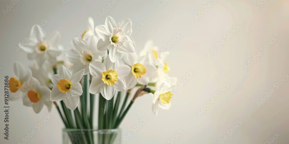 minimalist Home office, interior for bloggers workplace with white daffodils in a vase minimalist Home office, interior for bloggers workplace with white daffodils in a vase