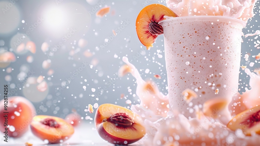 A milkshake with a splash of milk and sliced peaches and fruits next to it A milkshake with a splash of milk and sliced peaches and fruits next to it