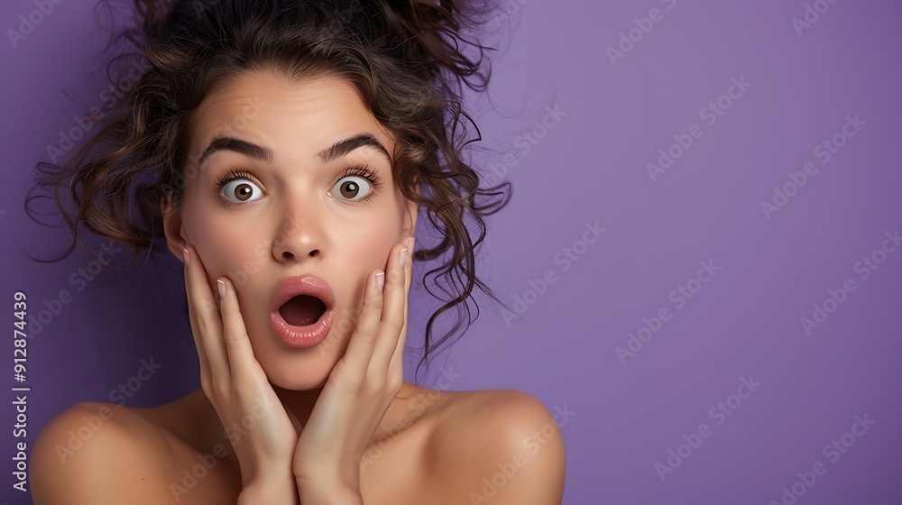 Photo portrait of shocked woman with open mouth isolated on vivid purple colored background Photo portrait of shocked woman with open mouth isolated on vivid purple colored background