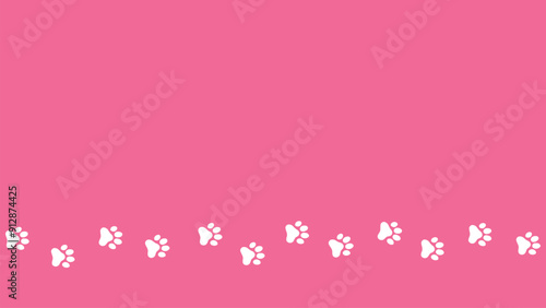 Trail of dog or cat paw prints on a pink background.  Steps tracing the path. Copy space background with the pet foot. Animal or pet theme seamless pattern backdrop.