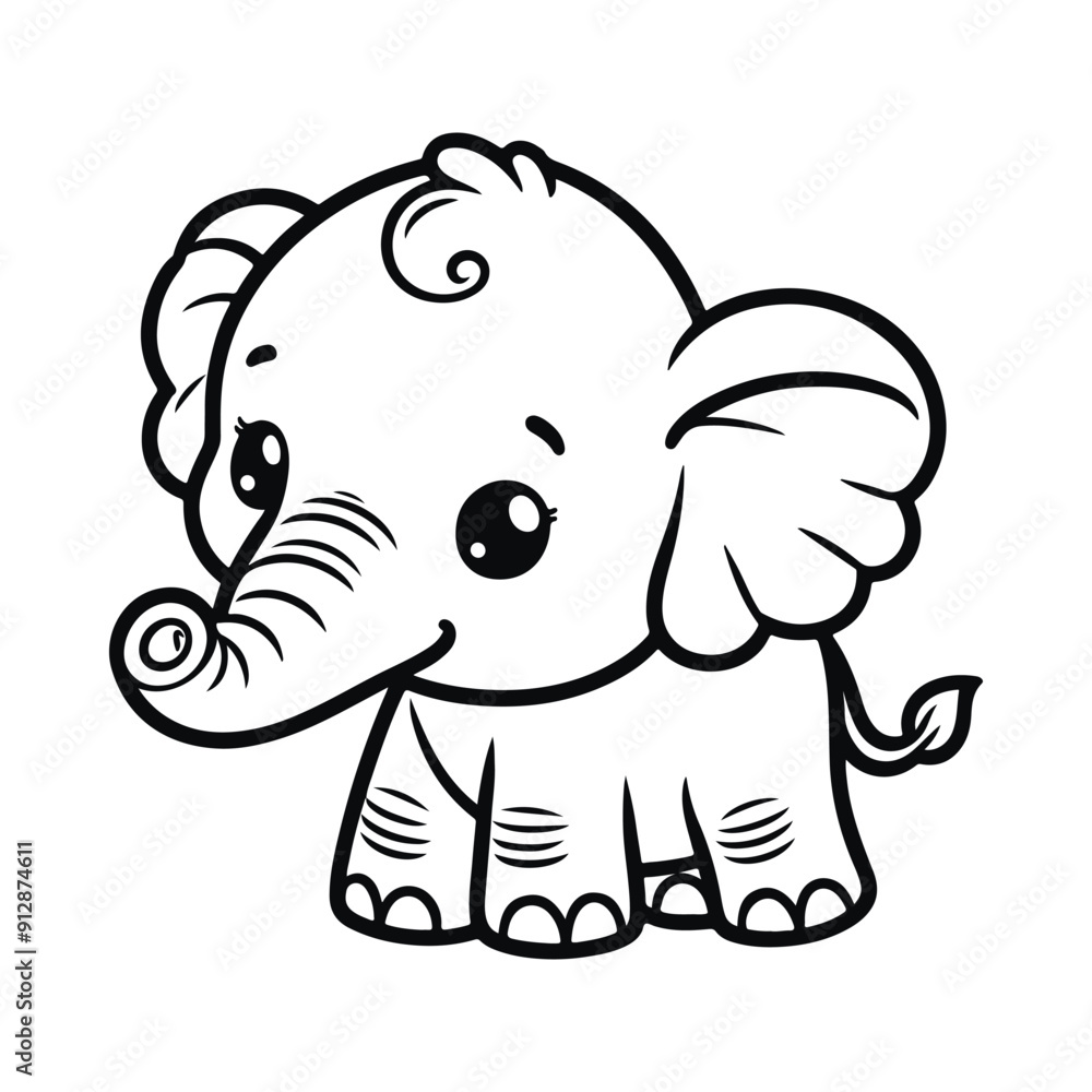 Fototapeta premium Cute baby elephant drawn with a line. Coloring book.