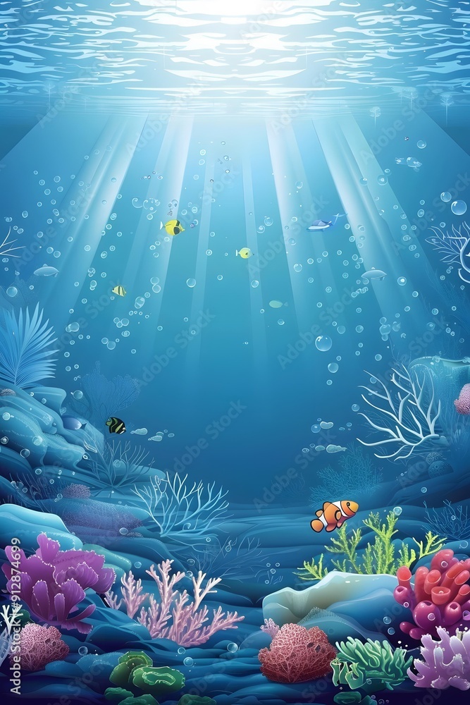 Naklejka premium Underwater Scene with Colorful Coral Reefs and Fish