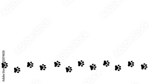Trail of dog or cat paw prints on a white background. Black silhouettes of footprints. Steps tracing the path. Copy space background with pet foot. Animal or pet theme seamless pattern backdrop.