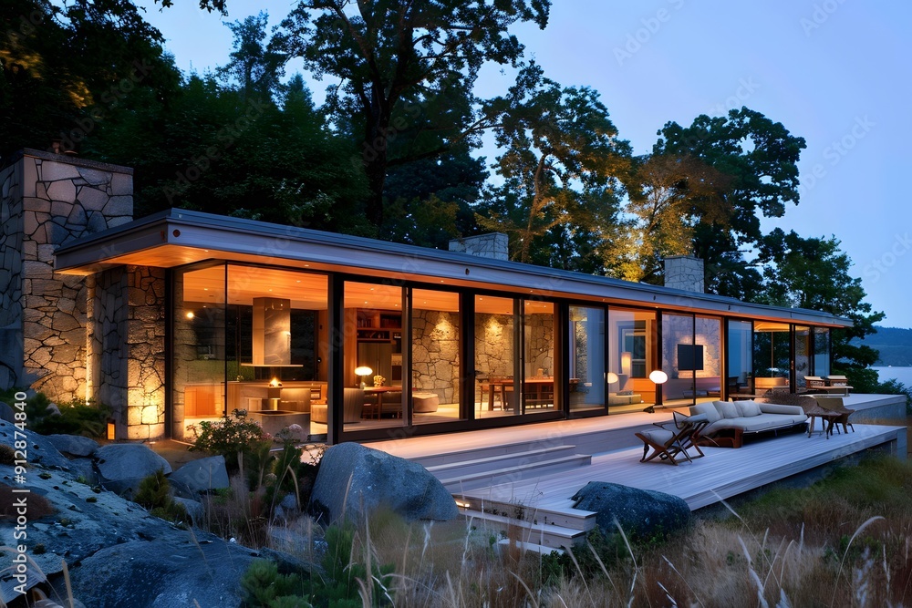Modern Architecture House with Large Windows and Stone Walls Modern Architecture House with Large Windows and Stone Walls