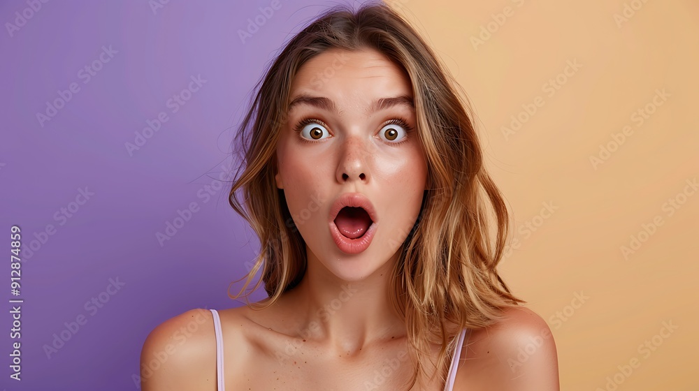Photo portrait of shocked woman with open mouth isolated on vivid purple colored background Photo portrait of shocked woman with open mouth isolated on vivid purple colored background