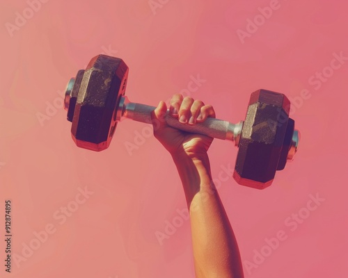 A strong hand lifting a black dumbbell against a vibrant pink background, showcasing fitness and strength training. photo