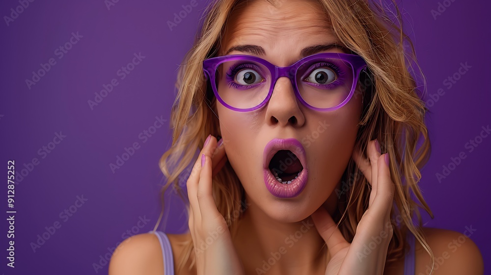 Photo portrait of shocked woman with open mouth isolated on vivid purple colored background Photo portrait of shocked woman with open mouth isolated on vivid purple colored background