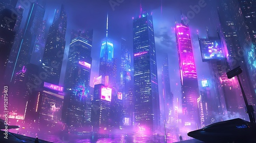 Futuristic Cityscape with Neon Lights and Reflections in Water photo