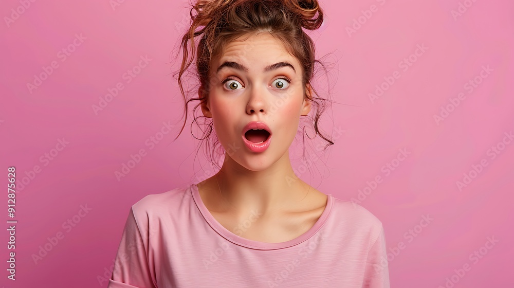 Photo portrait of shocked woman with open mouth isolated on vivid purple colored background Photo portrait of shocked woman with open mouth isolated on vivid purple colored background