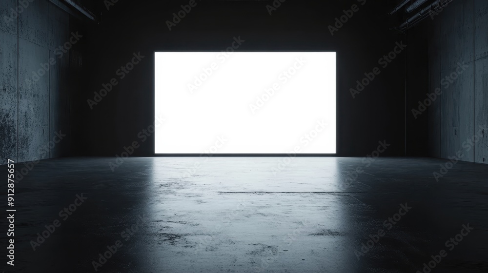 Front view of a blank white glowing digital screen set against a dark hall interior, featuring a concrete floor and black walls, ideal for presentation mockups Front view of a blank white glowing digital screen set against a dark hall interior, featuring a concrete floor and black walls, ideal for presentation mockups