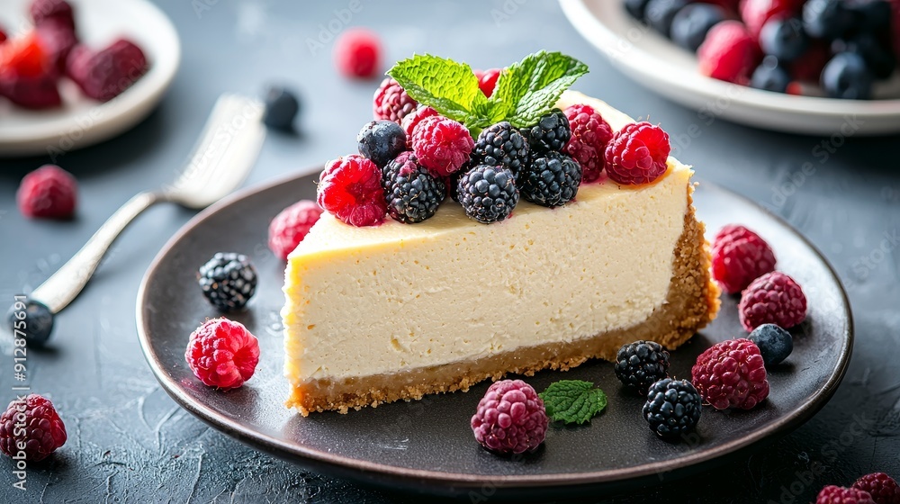 Sumptuous Cheesecake Slice Topped with Fresh Berries - Tempting Dessert Photography. Sumptuous Cheesecake Slice Topped with Fresh Berries - Tempting Dessert Photography.