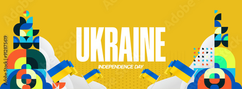 Ukraine National Day banner. Modern geometric background with colorful style for Ukrainian Day. Happy Independence Day of Ukraine greeting card cover in flag colors. Happy national day