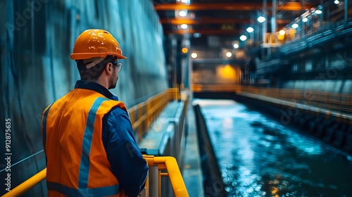 Engineers working at a hydroelectric power plant,vibrant setting with clear details