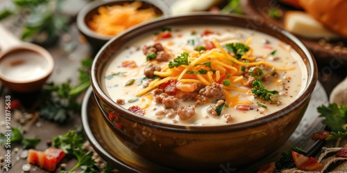 Cheeseburger soup with vegetables ground beef bacon and cheese served in a bowl on the table close up view Horizontal orientation