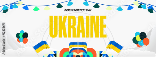 Ukraine National Day banner. Modern geometric background with colorful style for Ukrainian Day. Happy Independence Day of Ukraine greeting card cover in flag colors. Happy national day