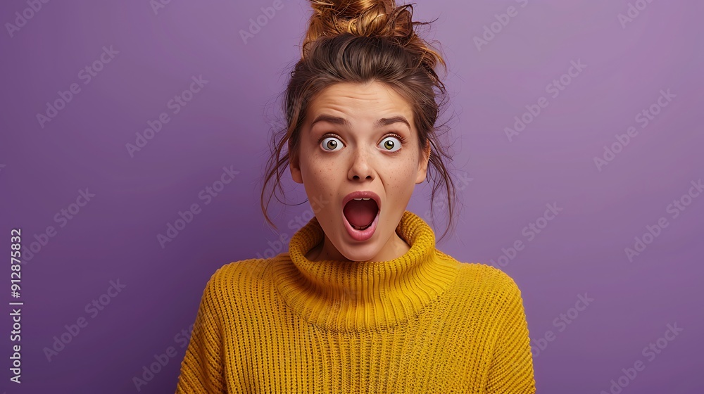 Photo portrait of shocked woman with open mouth isolated on vivid purple colored background Photo portrait of shocked woman with open mouth isolated on vivid purple colored background