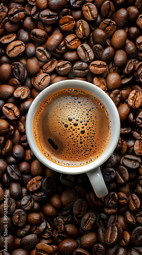 Fototapeta premium A white coffee cup is sitting on top of a pile of coffee beans
