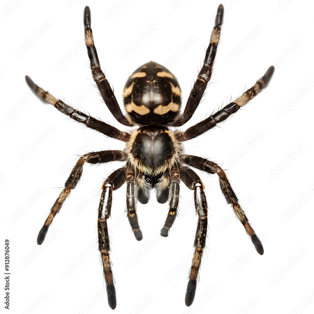 A close-up photo of a spider with a black body and yellow markings on its abdomen. Perfect for nature guides, scientific publications, or Halloween-themed projects. (Transparent PNG background) A close-up photo of a spider with a black body and yellow markings on its abdomen. Perfect for nature guides, scientific publications, or Halloween-themed projects. (Transparent PNG background)
