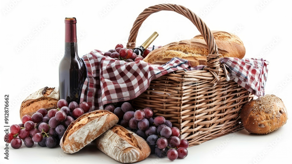 A rustic basket filled with fresh bread, grapes, and a bottle of wine, perfect for picnics and vineyard gatherings. A rustic basket filled with fresh bread, grapes, and a bottle of wine, perfect for picnics and vineyard gatherings.