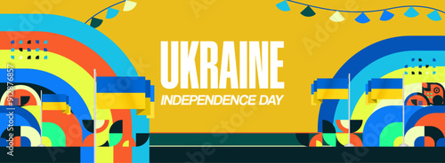 Ukraine National Day banner. Modern geometric background with colorful style for Ukrainian Day. Happy Independence Day of Ukraine greeting card cover in flag colors. Happy national day