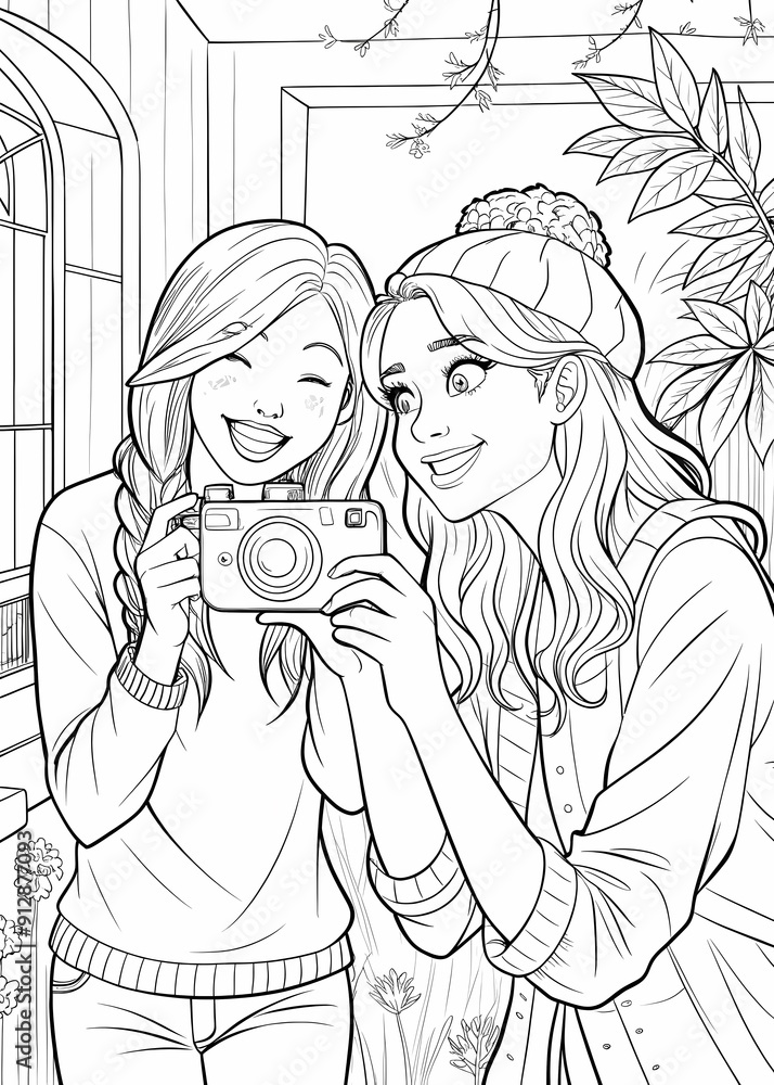 Two friends taking a photo together coloring page Two friends taking a photo together coloring page