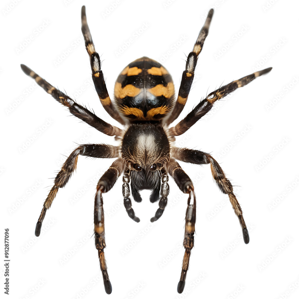 A close-up photo of a spider with a black body and yellow markings on its abdomen. Perfect for nature guides, scientific publications, or Halloween-themed projects. (Transparent PNG background) A close-up photo of a spider with a black body and yellow markings on its abdomen. Perfect for nature guides, scientific publications, or Halloween-themed projects. (Transparent PNG background)