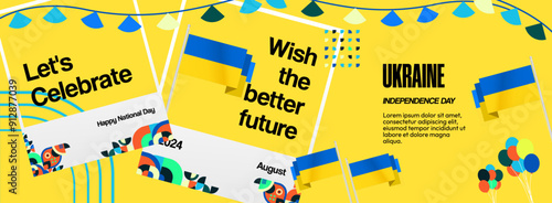 Ukraine National Day banner. Modern geometric background with colorful style for Ukrainian Day. Happy Independence Day of Ukraine greeting card cover in flag colors. Happy national day