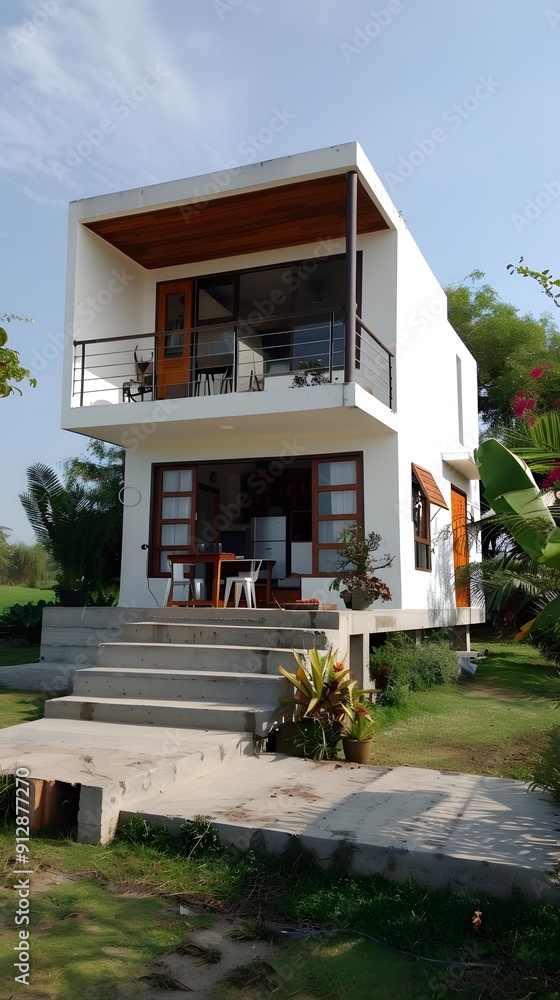 Fototapeta premium Modern Minimalist Two Storey White House with Wooden Balcony