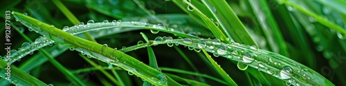 Vibrant juicy green grass with raindrops close up Grass glistening after rain