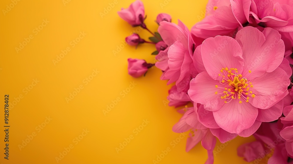 A bouquet of pink flowers rests on a sunny yellow table against a vibrant yellow wall and radiant yellow backdrop A bouquet of pink flowers rests on a sunny yellow table against a vibrant yellow wall and radiant yellow backdrop