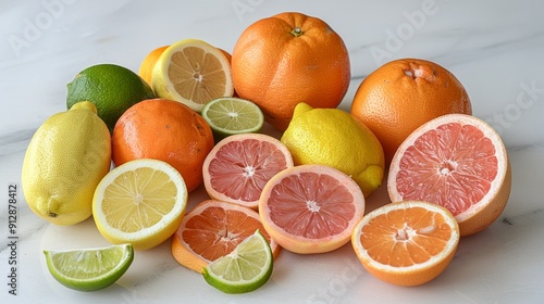 A vibrant assortment of fresh citrus fruits, showcasing lemons, limes, oranges, and grapefruits on a marble surface.