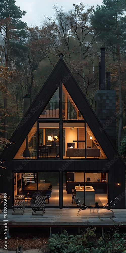 Fototapeta premium Modern Black A Frame Cabin In The Woods