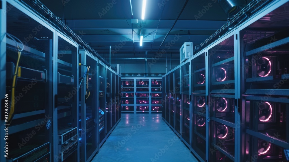 6. Bitcoin mining farm with rows of computers and cooling fans, showcasing the technology behind cryptocurrency mining 6. Bitcoin mining farm with rows of computers and cooling fans, showcasing the technology behind cryptocurrency mining