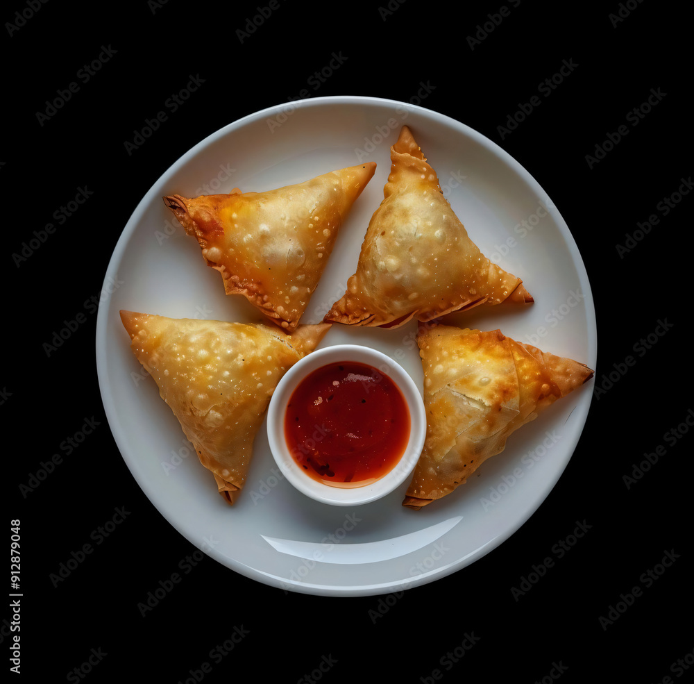 Four Samosas with Red Sauce on White Plate. Four Samosas with Red Sauce on White Plate.