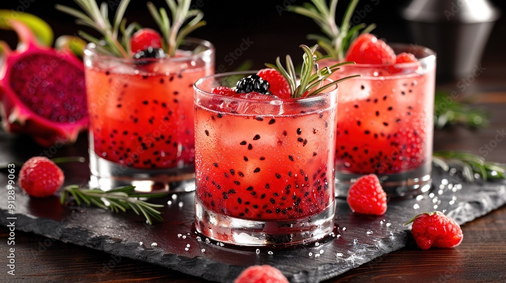 Three raspberry punch glasses with rosemary garnish on a slate serving tray with fresh berries and sprigs Three raspberry punch glasses with rosemary garnish on a slate serving tray with fresh berries and sprigs