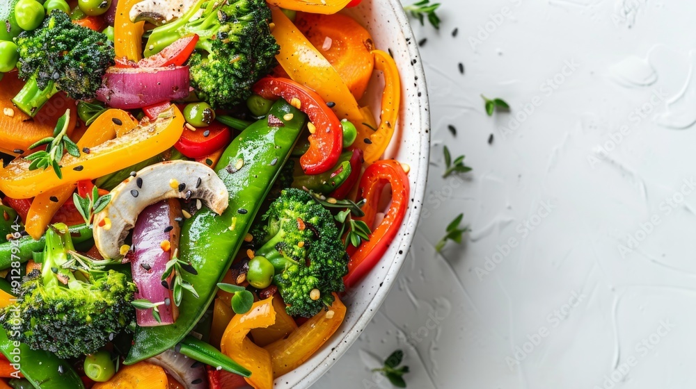 A vibrant bowl of mixed sauteed vegetables showcasing bright peppers, broccoli, and peas, perfect for healthy meal inspiration. A vibrant bowl of mixed sauteed vegetables showcasing bright peppers, broccoli, and peas, perfect for healthy meal inspiration.