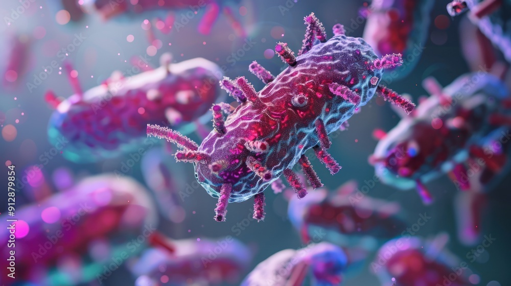 Super Bug 8. Digital rendering of a superbug with antibiotic resistance symbols ...