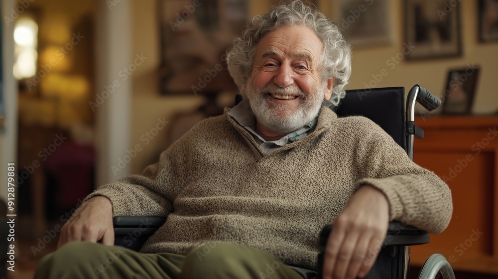 Smiling Elderly Man with Gray Hair in a Wheelchair, Relaxing Indoors, Embracing Warm Atmosphere. Smiling Elderly Man with Gray Hair in a Wheelchair, Relaxing Indoors, Embracing Warm Atmosphere.