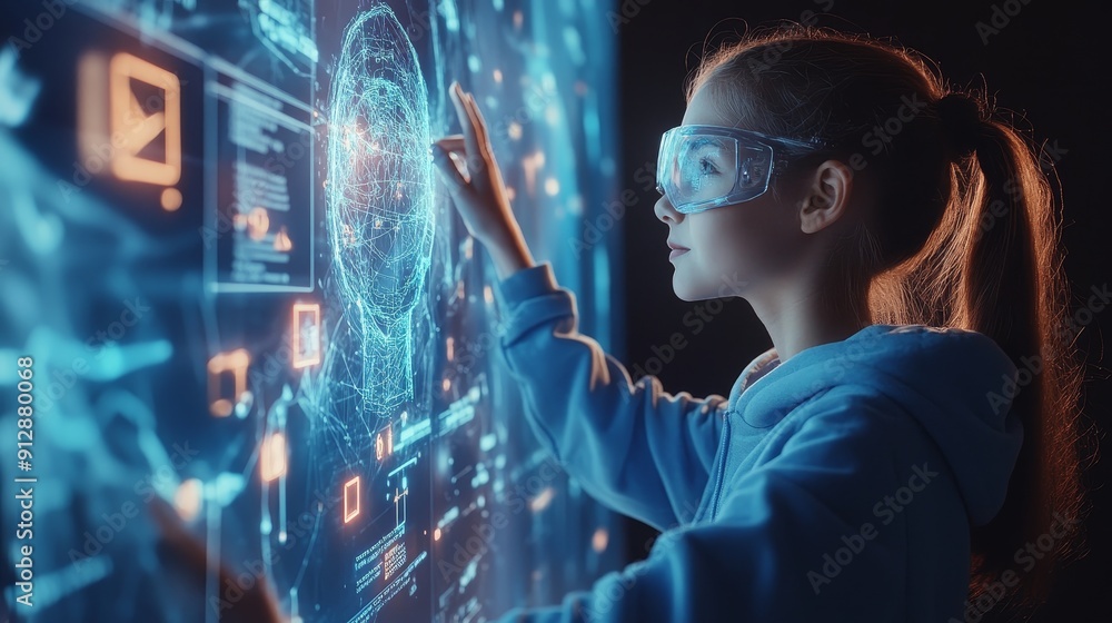 Teacher Explaining AI Concepts with Holographic Display in Futuristic Classroom Teacher Explaining AI Concepts with Holographic Display in Futuristic Classroom