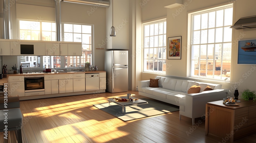 Modern Kitchen and Living Room Interior Design with City View Modern Kitchen and Living Room Interior Design with City View