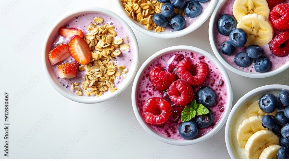 A vibrant display of fresh fruit bowls featuring yogurt, granola, strawberries, blueberries, raspberries, and bananas. A vibrant display of fresh fruit bowls featuring yogurt, granola, strawberries, blueberries, raspberries, and bananas.