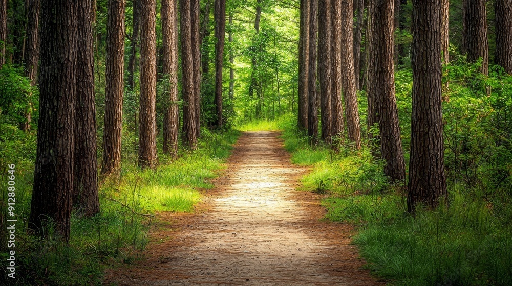Fototapeta premium Serene Forest Tranquility - Scenic Landscape of Towering Trees and Path Through Peaceful Woods.