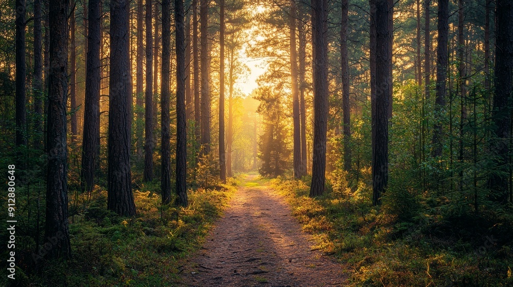Fototapeta premium Serene Path through Towering Forest: Tranquil Nature Photography.