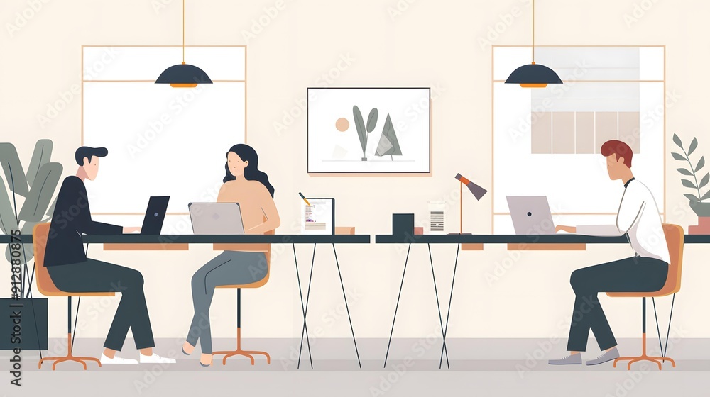 Three People Working at Desks in an Office Illustration Three People Working at Desks in an Office Illustration