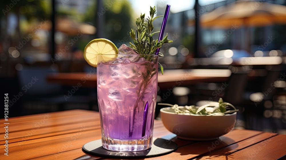 Closeup shot of a purple cocktail set on a wooden table in a restaurant Closeup shot of a purple cocktail set on a wooden table in a restaurant