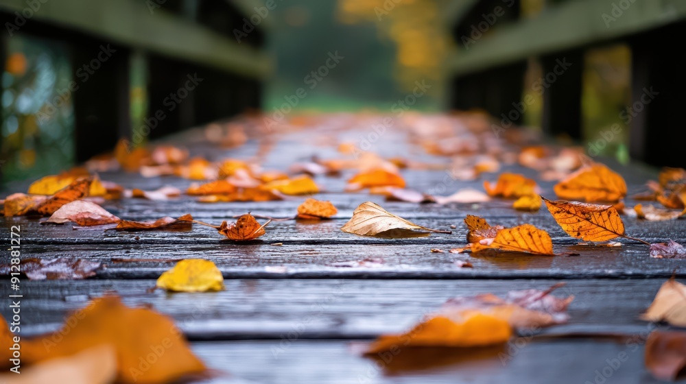 Close-Up of Autumn Leaves on a Wooden Bridge in a Forested Area with Soft Focus Background Close-Up of Autumn Leaves on a Wooden Bridge in a Forested Area with Soft Focus Background