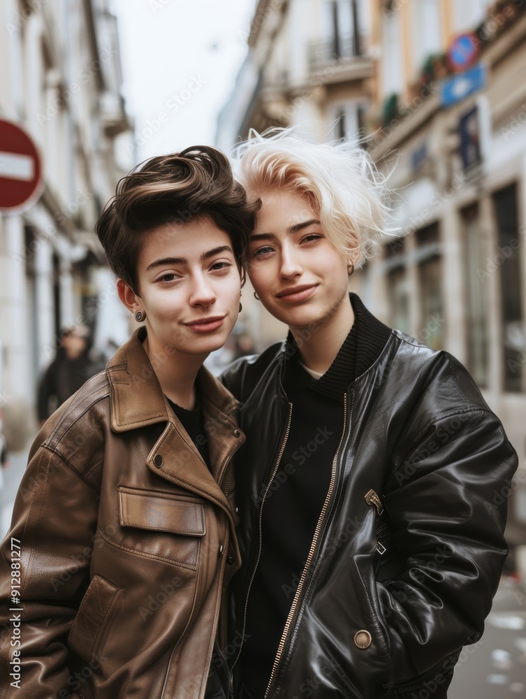 Two Young Women in Leather Jackets Smiling in the City Two Young Women in Leather Jackets Smiling in the City
