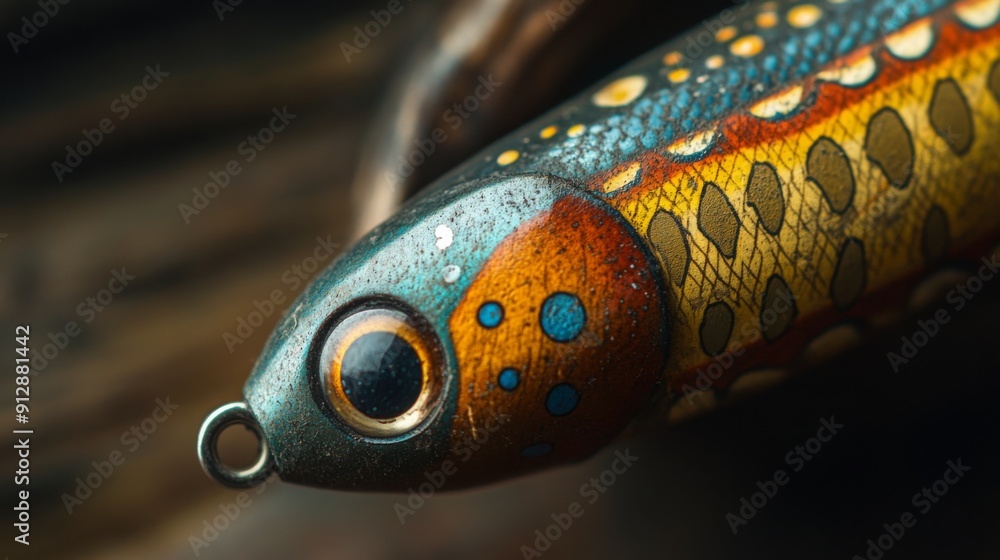 A vivid fishing lure with intricate patterns and bright colors rests on a rustic wooden background. A vivid fishing lure with intricate patterns and bright colors rests on a rustic wooden background.