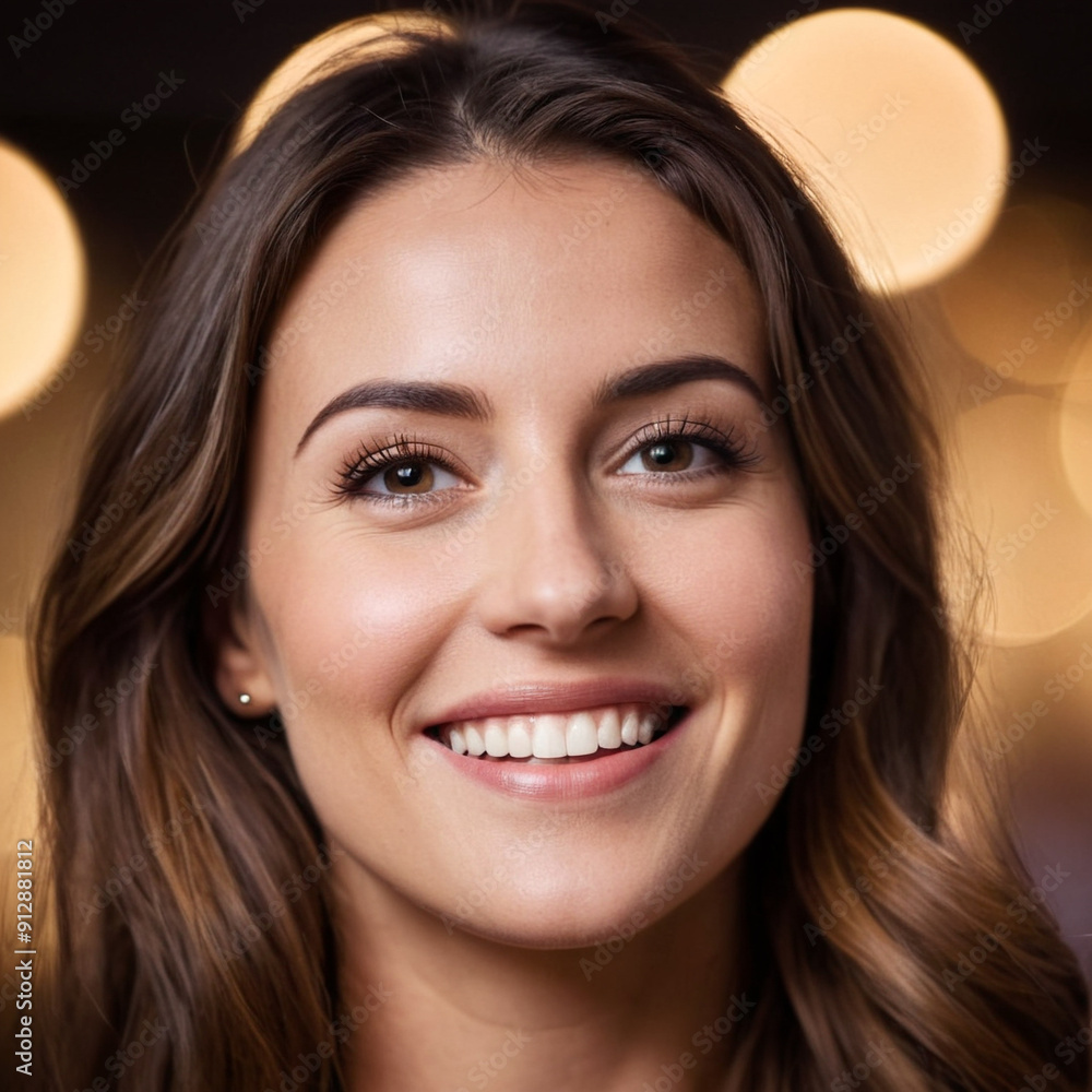 Smiling woman with long hair illuminated by soft background lights Smiling woman with long hair illuminated by soft background lights
